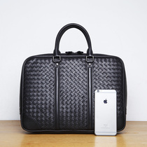 Blue leather men leather Hand bag leisure business computer bag cowhide woven fashion trend mens bag briefcase