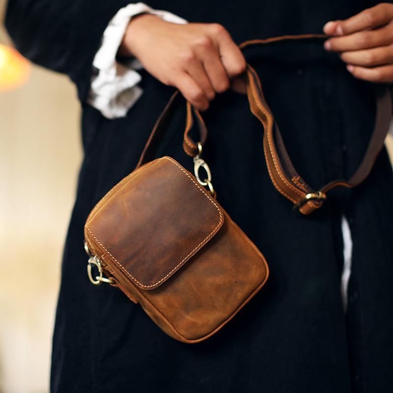 Blue leather with men's single shoulder bag genuine leather skew satchel mini men's bag trend fashion crazy horse leather mobile phone bag small satchel