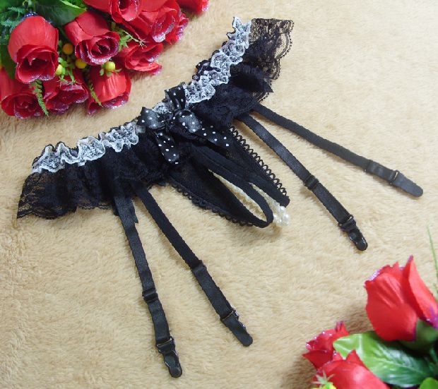 Đồ lót gợi cảm, 100 mảnh phù hợp, đồ trang trí ngọc trai, thong mở, một garter, với lưới ống dài dây nịt bít tất phối ren nơ đen