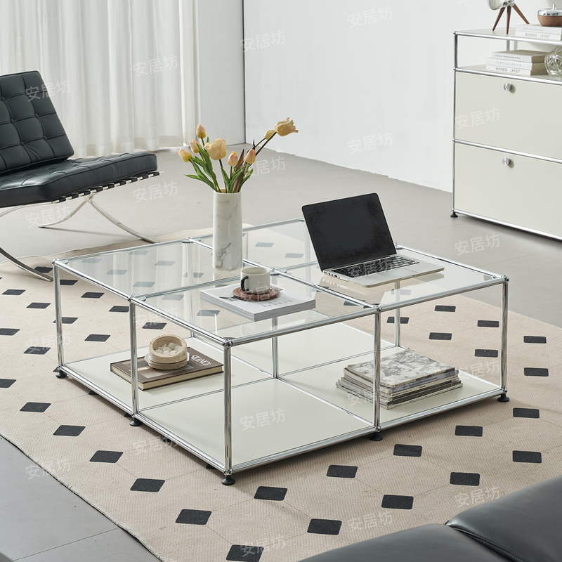 Four-Piece Coffee Table Set with Tempered Glass Square Tea Table, Bauhaus Stainless Steel for Living Room Home Use