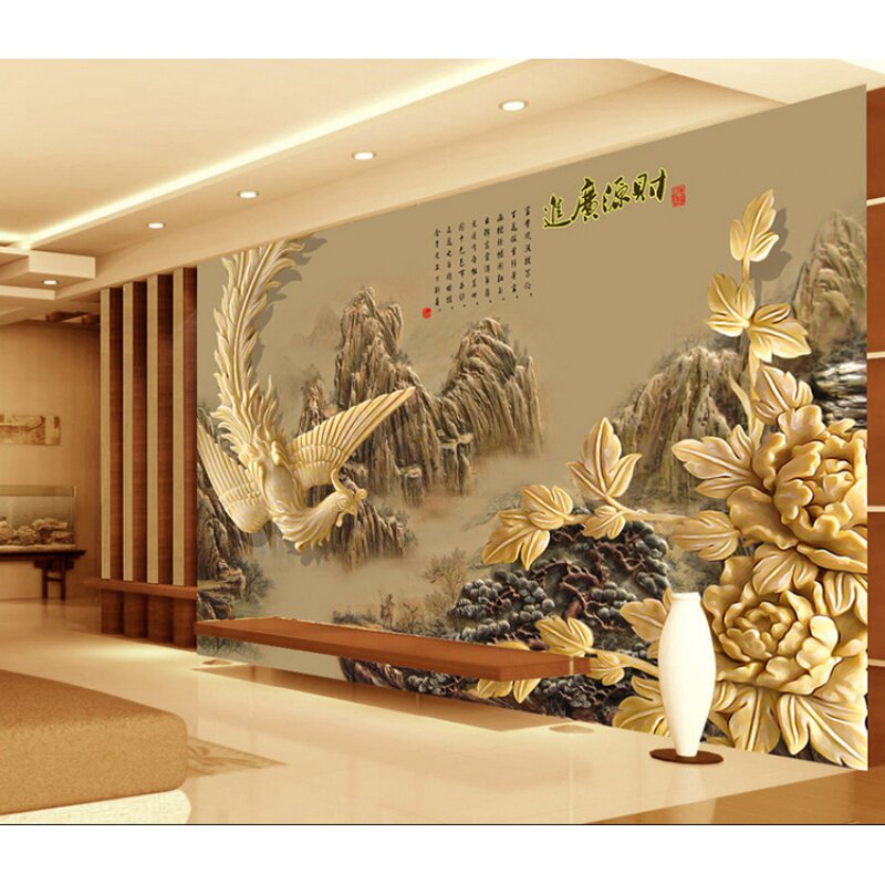 5d古典鳳凰山水壁畫大型立體壁紙客廳電視沙發背景牆財源廣進壁紙