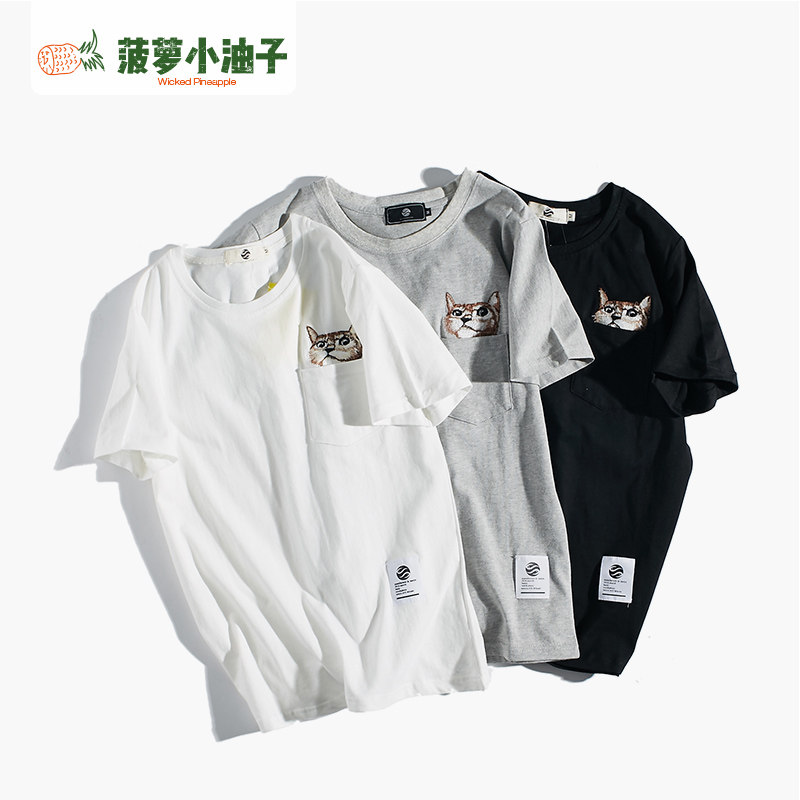 日系复古纯色口袋刺绣猫短袖T恤男夏季新款 纯棉圆领修身半袖T恤