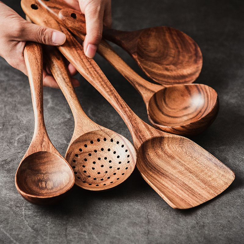 Teak pot shovel non-stick pot special cooking wooden shovel household high temperature rice spoon spoon fishing colander set