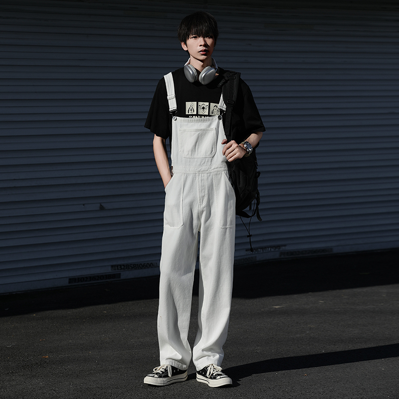 White Genderless Internet Celebrity Denim Overalls for Women, Age-Reducing Salt Style, Retro Men's Trendy Loose Overalls Overalls
