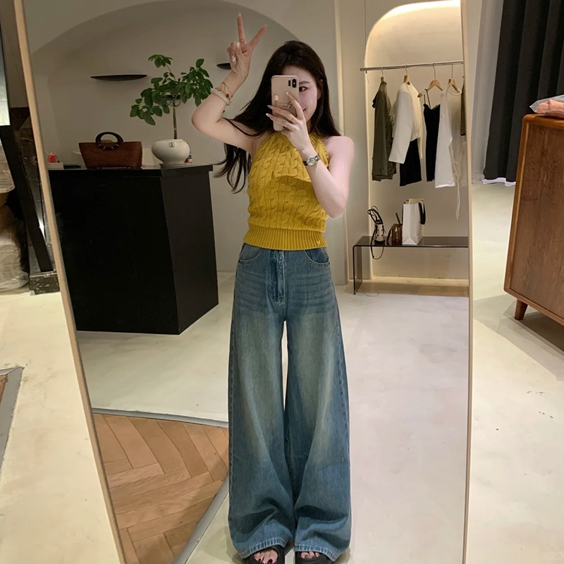 Vintage Wide-Leg Jeans for Women 2025 Autumn Washed Blue High-Waisted Loose Versatile Drapey Casual Straight Long Pants