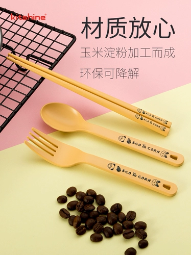 Импортная детская портативная посуда, палочки для еды ручной работы для школьников, ложка, вилка, экологичный мультяшный комплект, в корейском стиле, кукурузные зерна