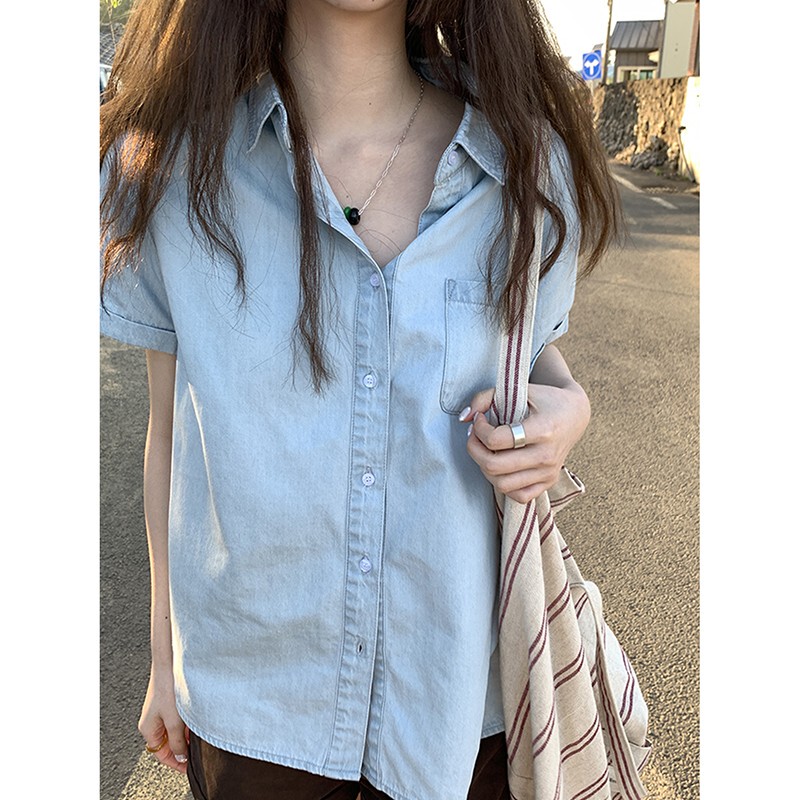 2026 New Summer Trendy Items European Popular Blouse French Style Top Blue Versatile Short-Sleeved Shirt for Women
