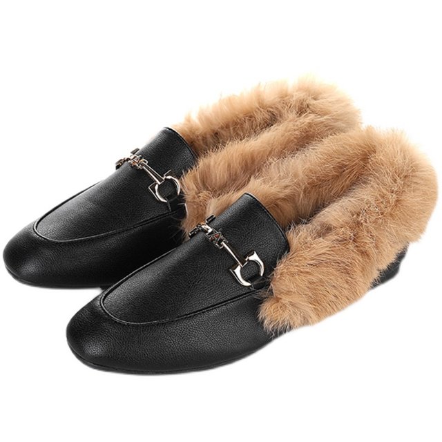 Plush shoes women's winter wear 2021 new all-match autumn and winter plus fluffy peas shoes rabbit hair single shoes women's shoes trend