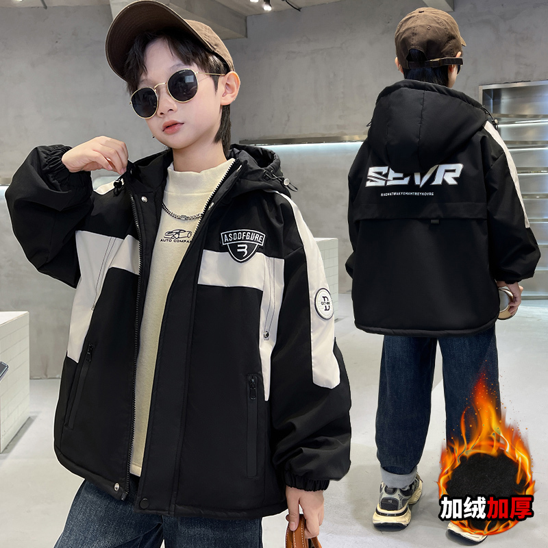 Children's Clothing Boys' Fleece Parka Autumn and Winter Jacket 2026 New Cotton Coat for Older Boys Thickened Windbreaker