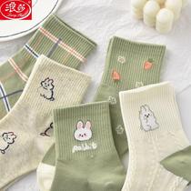 Langsha socks girls Korean version of the middle tube cute Japanese cartoon college wind tube socks ins tide all-match students autumn