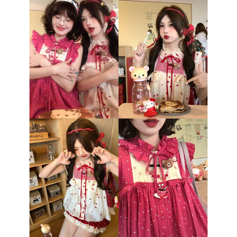 [Member Benefits Include New Products 5% off] “Little Bear Soufflé” Cute Pink Polka Dot Flutter Sleeve Flower Bud Set