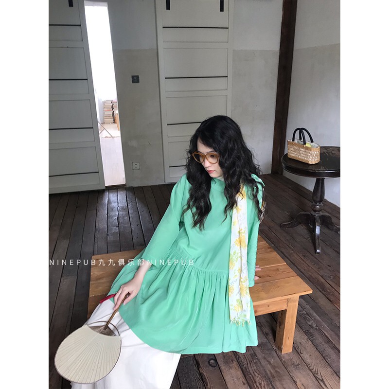Jiujiu Club Original Green Papaya Flowy Tencel Pleated Lapel Apple Green Babydoll Top Shirt Summer Jiujiu Club Original Green Papaya Flowy Tencel Pleated Lapel Apple Green Babydoll Top Shirt Summer