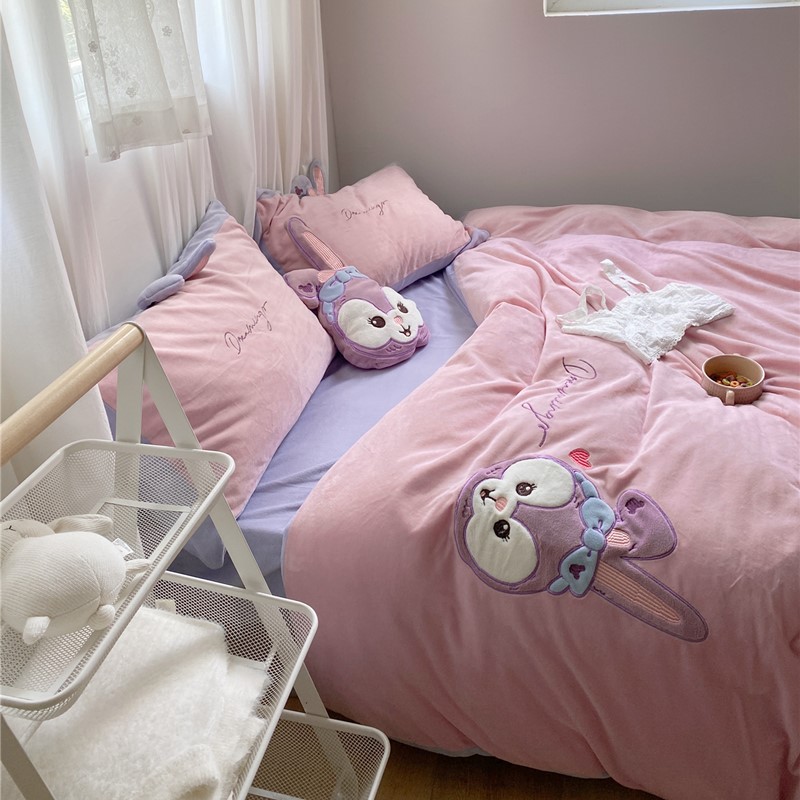 Star Della Cartoon Bed Three-Four Pieces Cute Teenage Children's Milk Suede Bed Linen Quilt With Single Winter Warm Thickening Purple