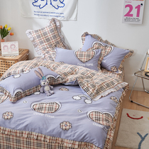 Cute pure cotton bed Three-four pieces Girl Loving Cartoon Children Full Cotton Linen Quilt Cover Dormitory Flower Side Single Double