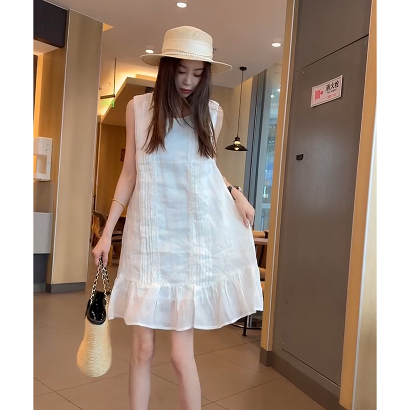 Summer Seaside Vacation Ramie Mid-Length Skirt French Sleeveless Dress Women's Ruffled A-Line Skirt Loose and Slimming