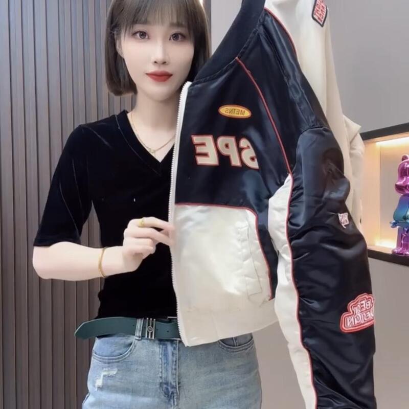 2025 Autumn New Fashion Short Stand Collar Loose Motorcycle Jacket with Color Block Print Thin Cotton Coat for Women