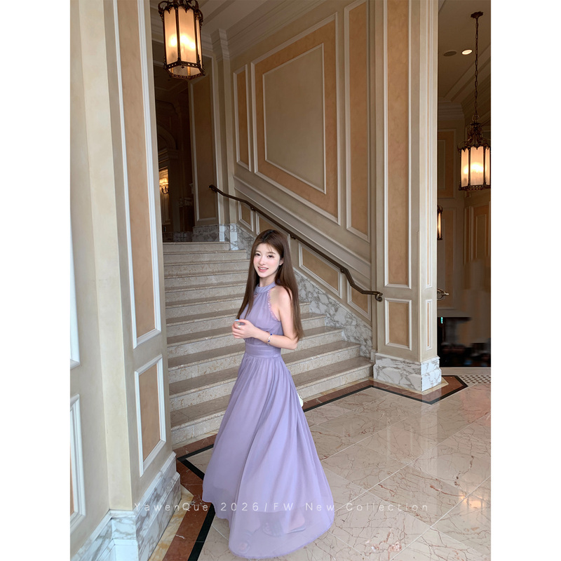 Yawen's Reputation Is Booming! French Resort-Style Purple Dress, Summer Halter Neck Chiffon Waist-Cinching Long Dress for Women Yawen's Reputation Is Booming! French Resort-Style Purple Dress, Summer Halter Neck Chiffon Waist-Cinching Long Dress for Women