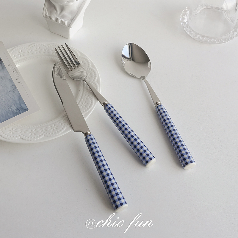chicfun Korean ins wind Western style knife, fork and spoon tableware set Red basket plaid creative cute retro household
