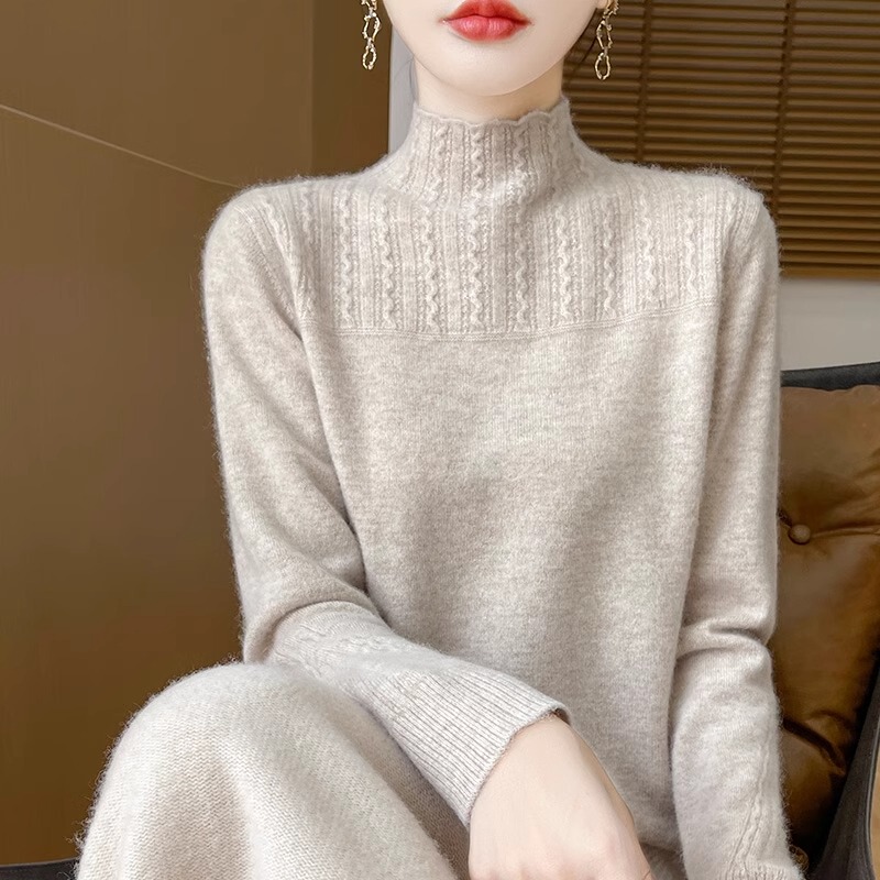 Half-Turtleneck Cashmere Knit Top for Women, Stylish Autumn and Winter 100% Pure Cashmere Sweater with Twisted Pattern, Soft Pullover Sweater