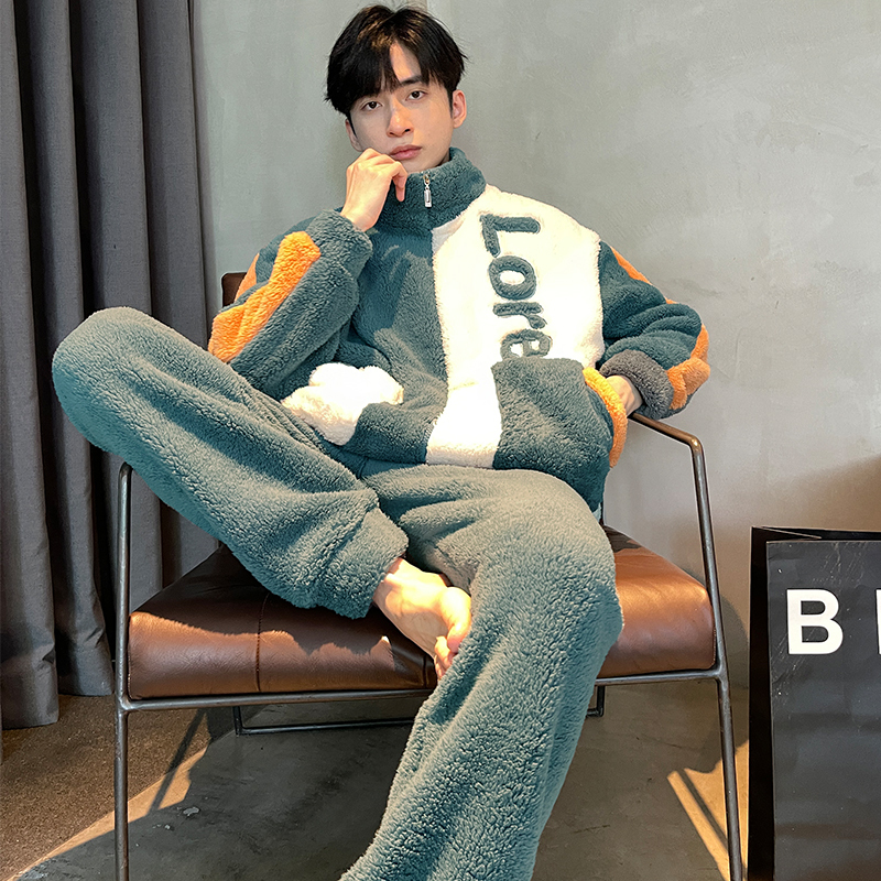 Coral Velvet Pajamas for Men in Winter, Thickeneded and Velvet, Warm, Large Size, Men's Autumn and Winter Home Clothes Set That Can Be Worn Outside