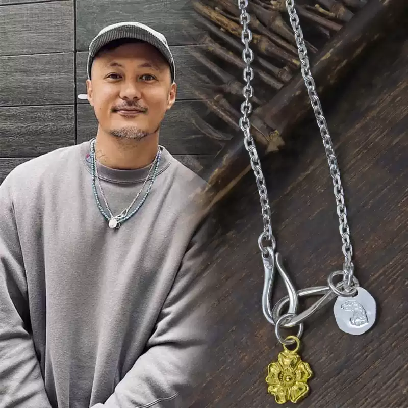 Larry Smith金蔷薇花鹰头小银饼鱼钩项链男女925纯