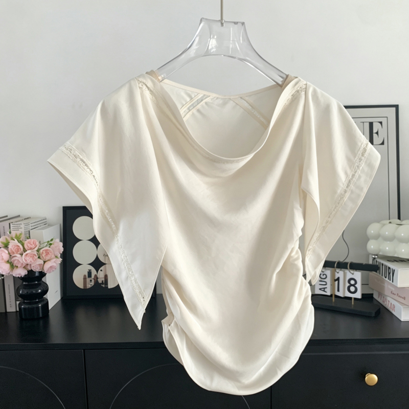 Ear Layered Acetate Lace Patchwork Cuffs Irregular Cut-Out Waist Slimming Swing Collar Short-Sleeved Blouse Ear Layered Acetate Lace Patchwork Cuffs Irregular Cut-Out Waist Slimming Swing Collar Short-Sleeved Blouse