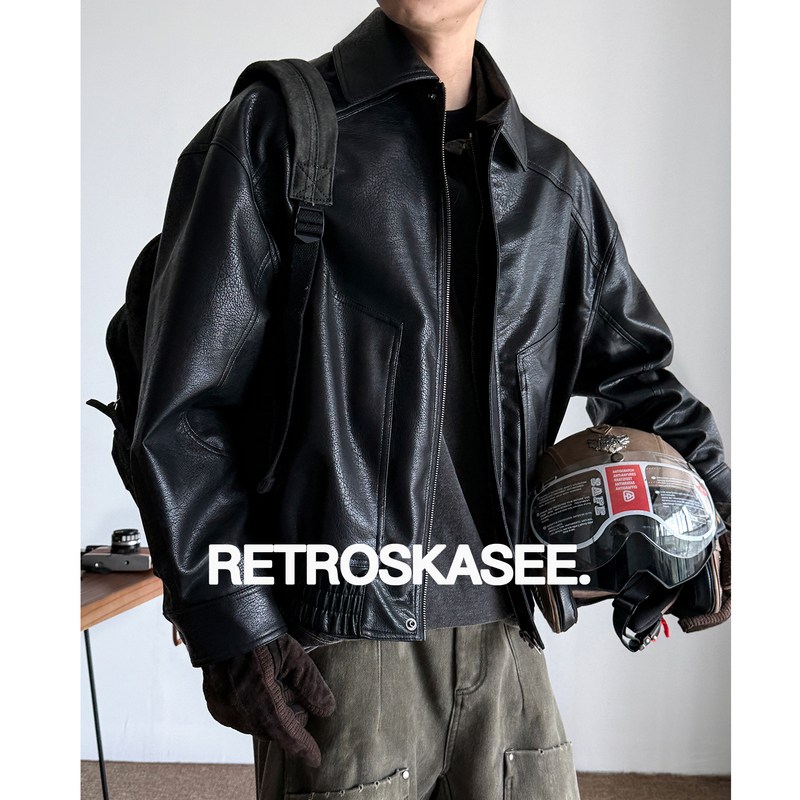 [Fast & Furious] American Retro Leather Jacket for Men, Biker Jacket, Workwear, Stand Collar, Loose Fit, Trendy Jacket