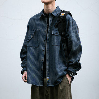 美式复古成衣水洗条纹牛仔衬衫男重磅挺阔宽松翻领衬衣工装外套潮