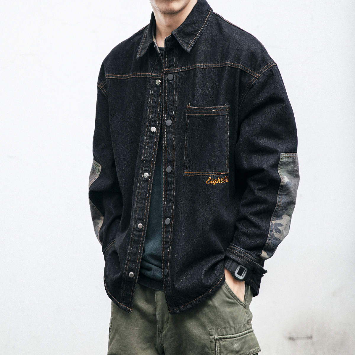 American denim jacket men's letter embroidery lapel tooling loose casual jacket Korean version trend camouflage top trend