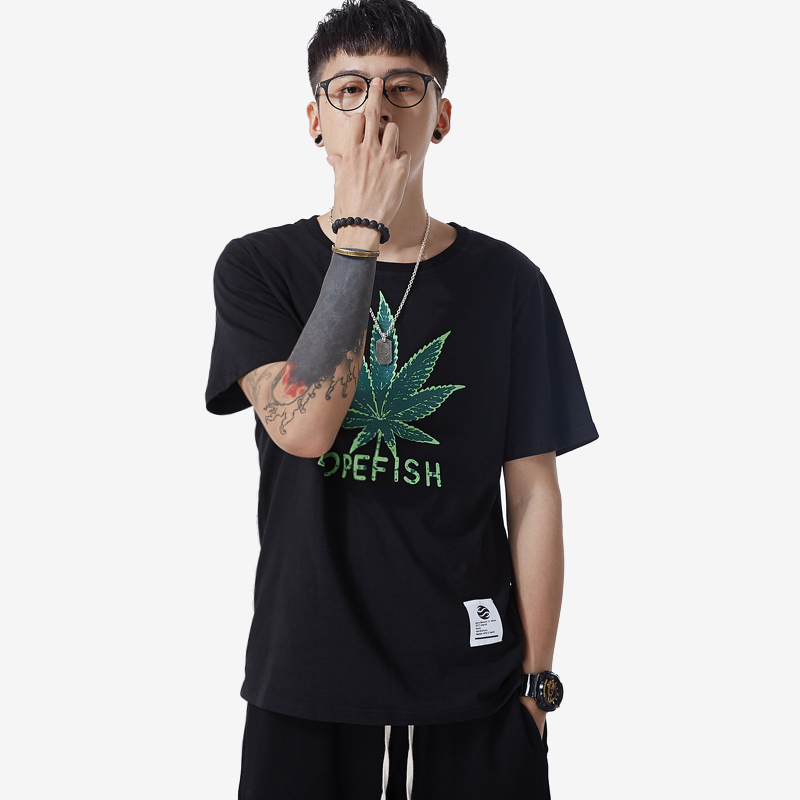 原创夏天新款日系树叶印花T恤男士圆领纯棉休闲短袖修身打底衫潮