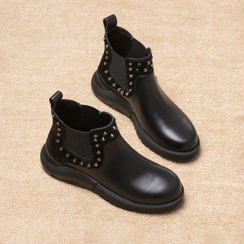 Original horsehair Chelsea boots women's winter cowhide thick-soled soft-soled increased nude boots elastic short tube rivet boots women