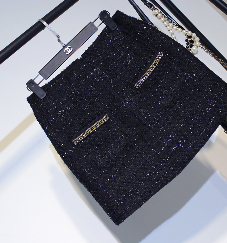 Mùa đông mới màu đen sáng lụa tweed nhỏ hương thơm kim loại chuỗi hoang dã váy váy váy có kích thước lớn chân váy xòe đẹp