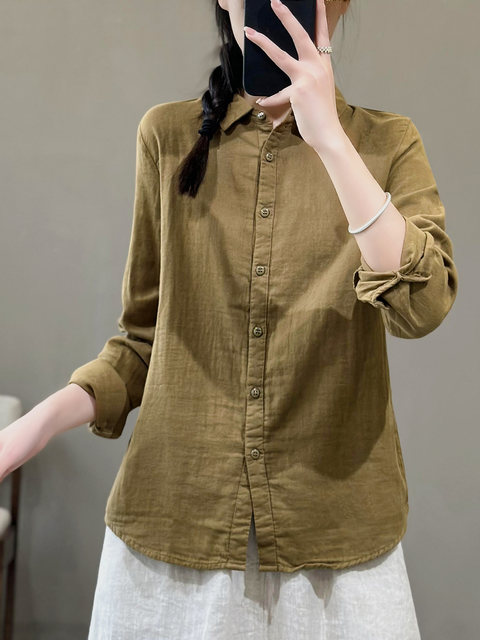 Flower concept new simple solid color lapel long-sleeved cotton shirt commuting all-match temperament slim cardigan top women