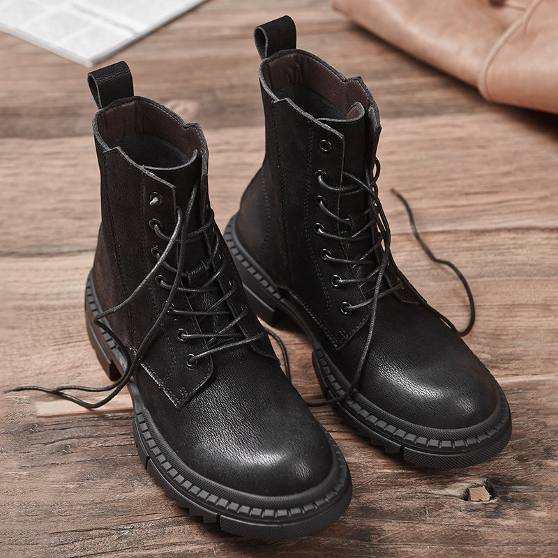 High cylinder Inn Wind Martin boots Men Summer black Soft leather Soft bottom genuine leather mid-bony locomotive Leisure 100 lap tooling shoes