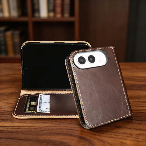 Calfskin Leather Contrast Stitching Minimalist Flip Foldable Genuine leather iPhone Case