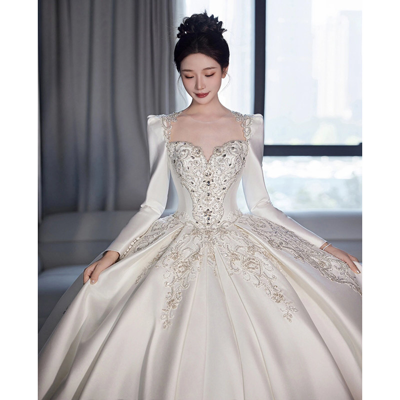 Face-style satin long sleeve wedding dresses 2023 new brides main yarn small high-end heavy work comeback ancient autumn and winter money-Taobao