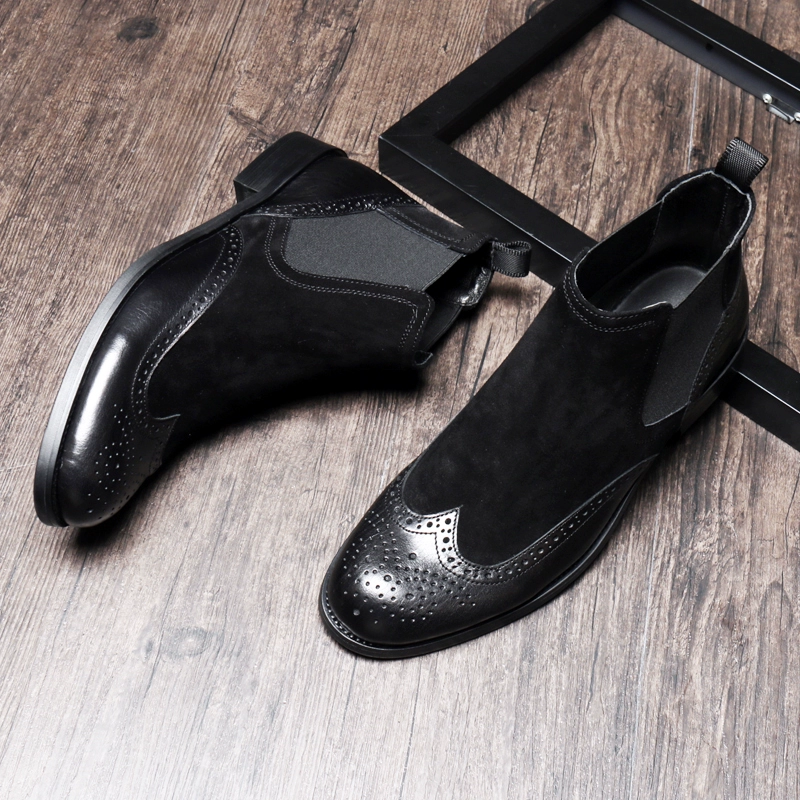Brock chạm khắc da nubuck bình thường giày da cao cấp của nam giới British Chelsea boots của nam giới giày da nam giày cao cổ ngắn - Kính khung