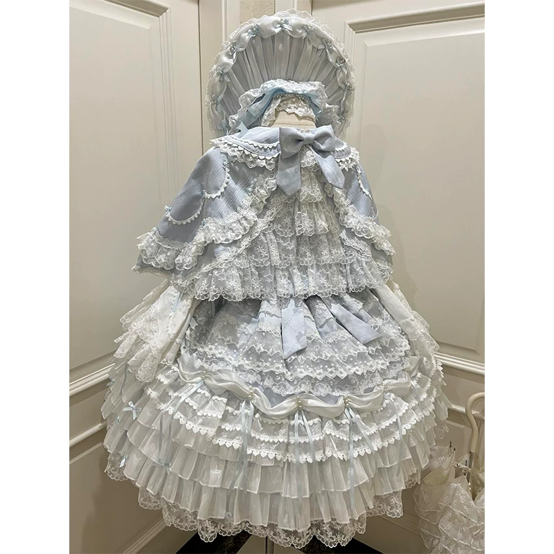 Платье‑долл Lolita JSK, голубое, эффект подъёма с брошью‑бантом и кейпом