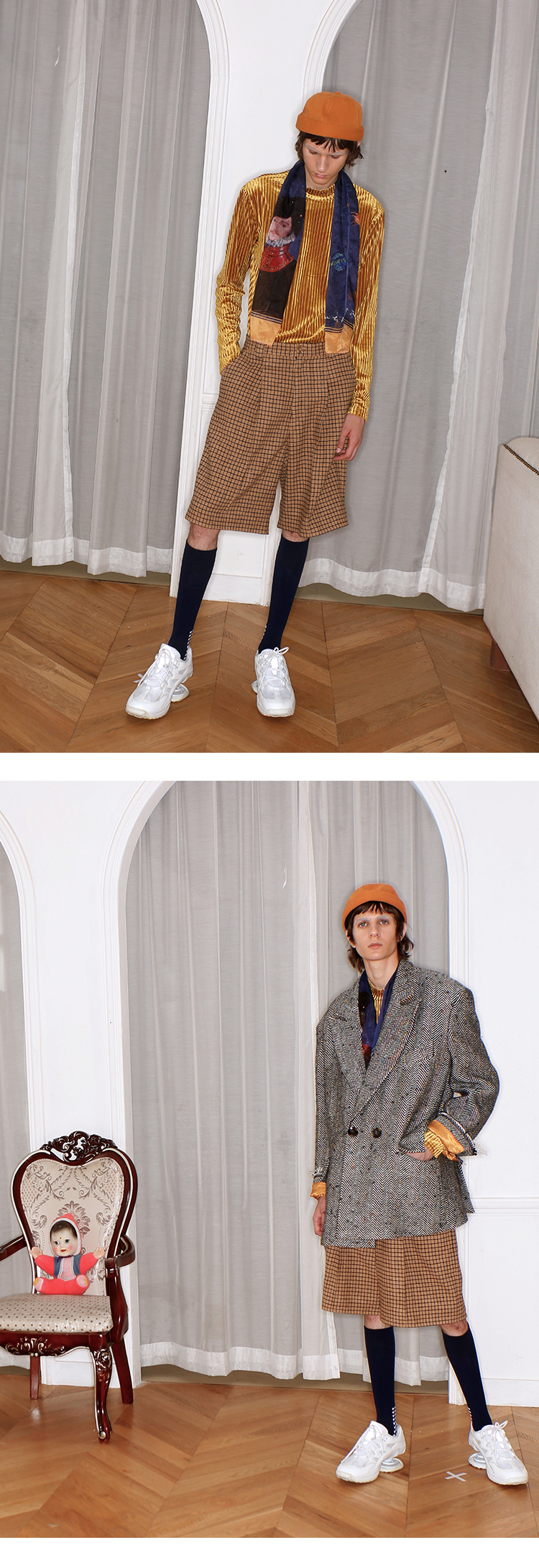 MIXSEVEN retro kaki houndstooth len lỏng A-line sọc phù hợp với quần nam chính thức mặc quần short quần tây nam cao cấp