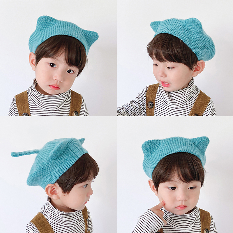 Children's knitted hat autumn and winter cat ears beret boy baby cotton lining winter fashion warm hat female