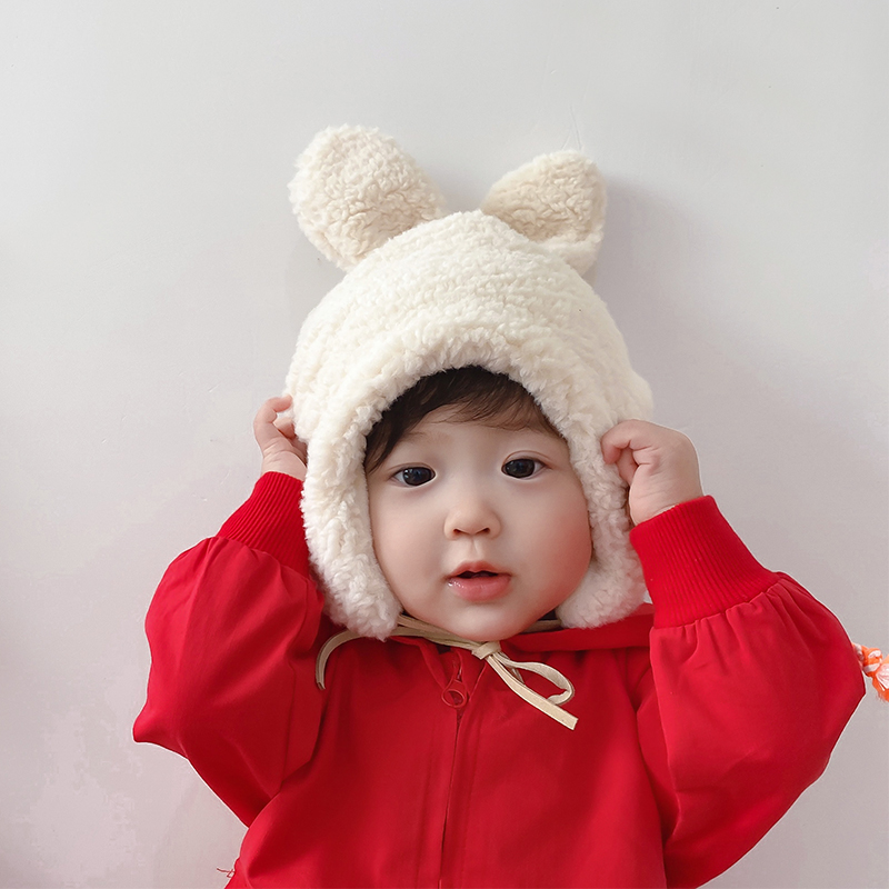 Baby hat autumn and winter net red cute super cute rabbit ears earmuffs infant baby thickened strappy headgear