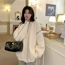 Day Department 100 Lap Pure Color Cardiovert Sweater Jacket Woman Loose retro Lazy Wind Medium Long thickened V-led knit cardiovert