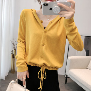 Wool sweater women's cardigan short autumn and winter hooded outer loose chic all-match drawstring sweatshirt solid color top