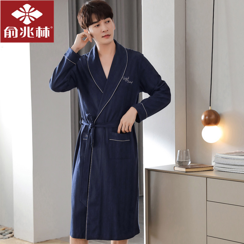 Men's Pure Cotton Bathrobe, Men's Summer Pajamas, One-Piece Long Robe, Spring and Autumn Men's Bathrobe, Autumn and Winter