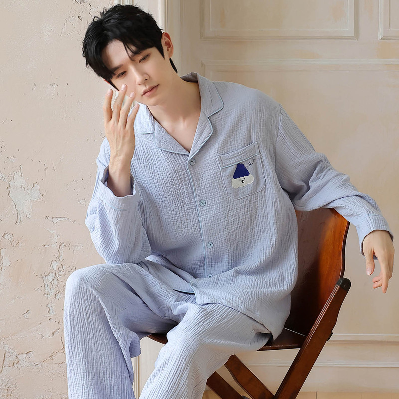 Youth Double-Layer Cotton Gauze Pajamas for Men, Spring and Autumn Style, Woven Pure Cotton, Long-Sleeved, Thin, Korean Style, Fresh Home Wear