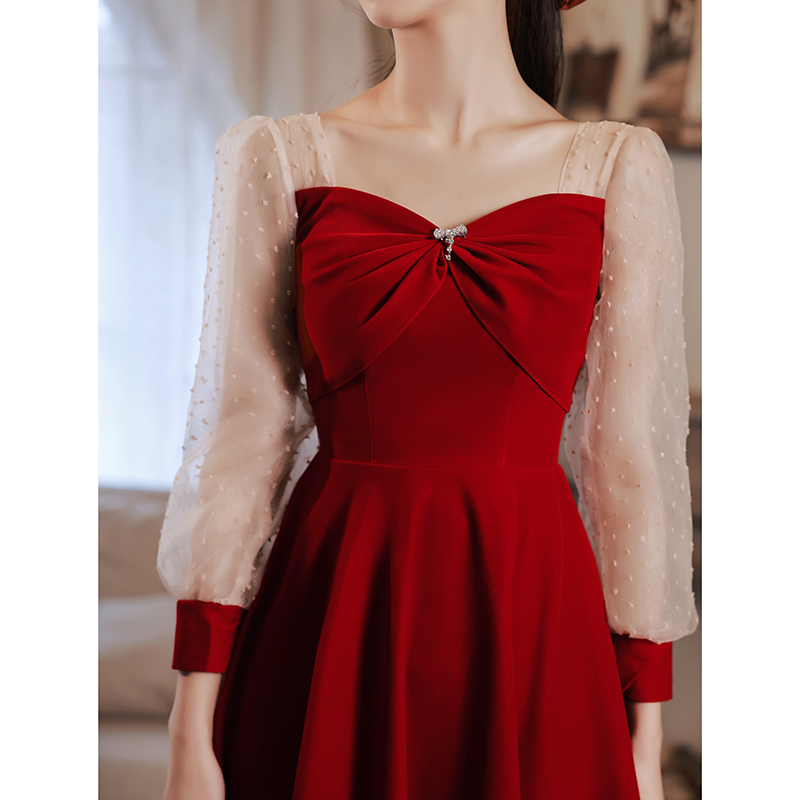 Toast dress bride small summer wine red dress skirt female engagement dress can usually wear gauze sleeve French
