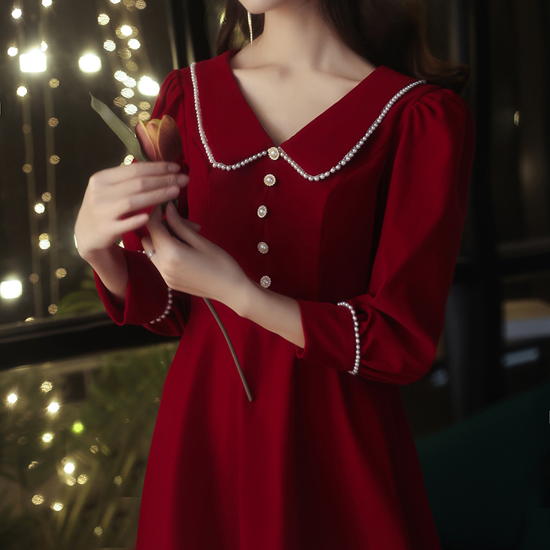 Toast clothing wine red autumn can usually wear bride engagement back door dress long sleeve dress dress female spring and autumn