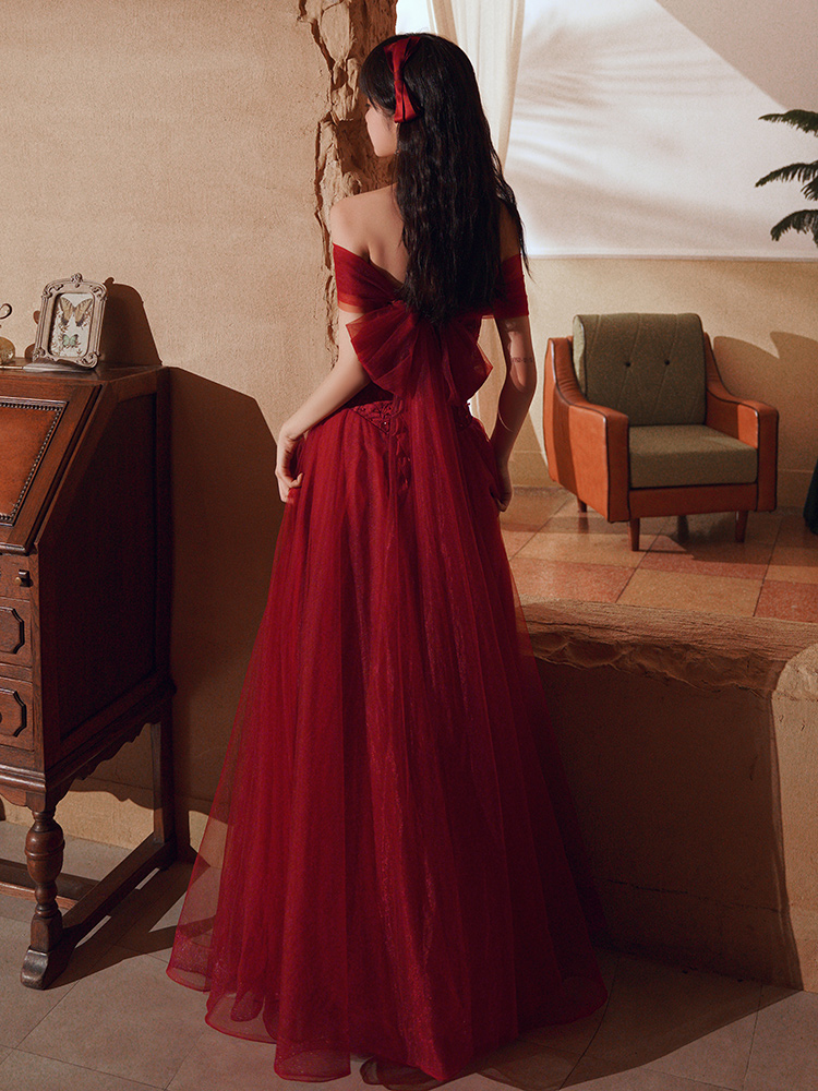 2021 new toast dress bride wedding engagement burgundy summer dress skirt women's light veil one-word shoulder yarn dress summer