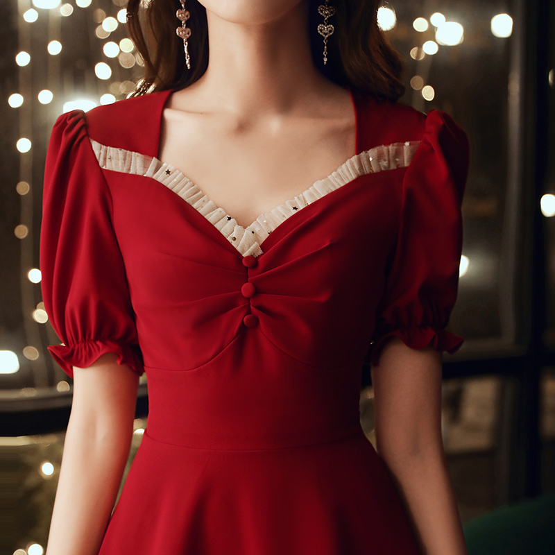 Toast bridal wine red color normal can be worn with small child engagement gown dress Women's dress Summer high-end atmosphere