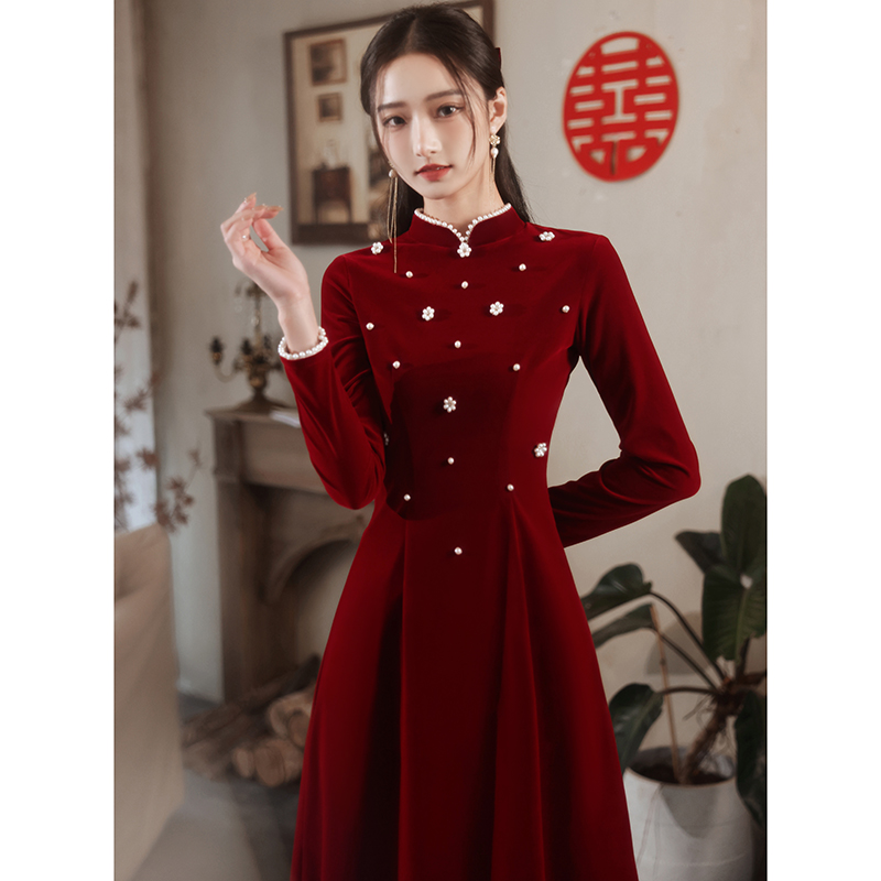 Cheongsam toast dress bride wedding engagement dress long-sleeved dress skirt winter small velvet can be worn at ordinary times